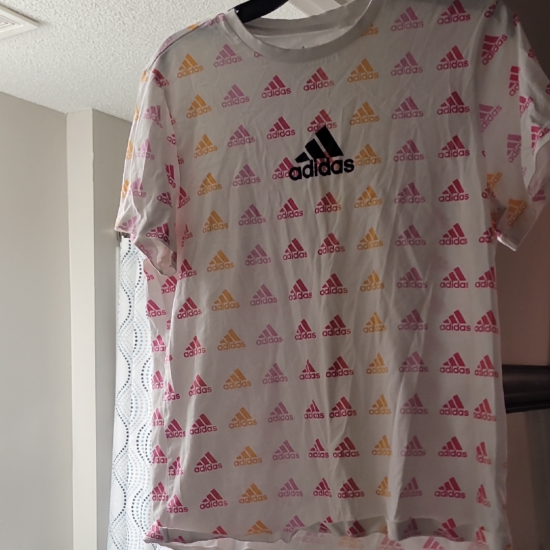 Adidas White Tee With Pink & Gold Logo Pattern